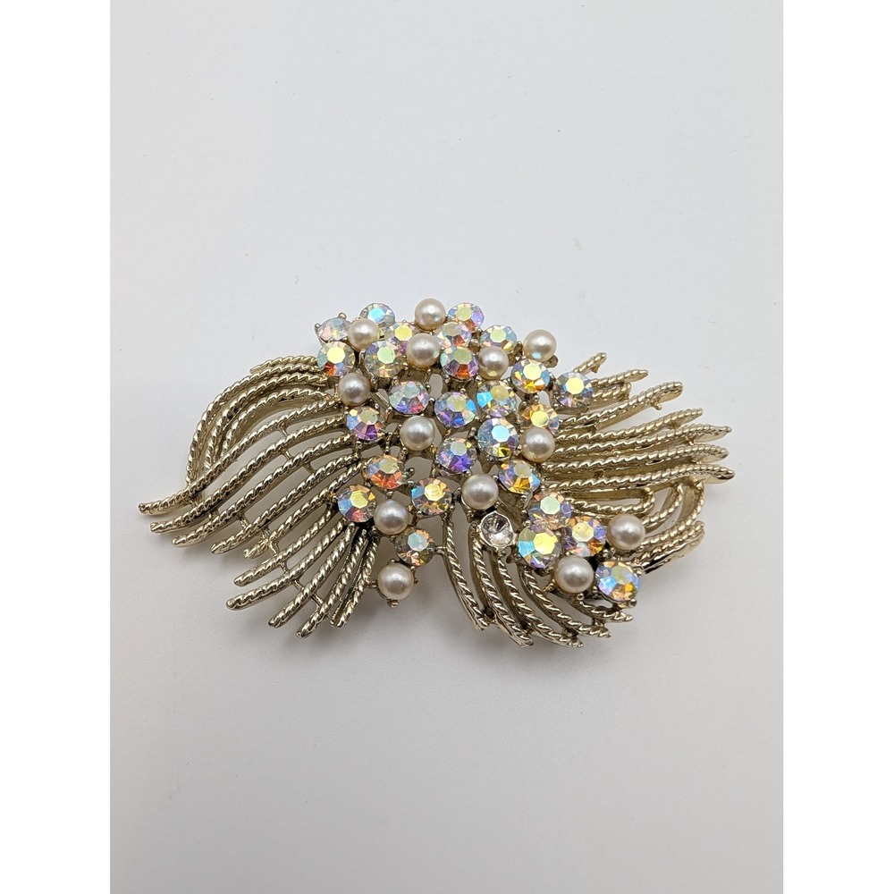 Vintage Aurora Borealis Rhinestone Faux Pearl Spray Brooch Pin Gold Tone 3"